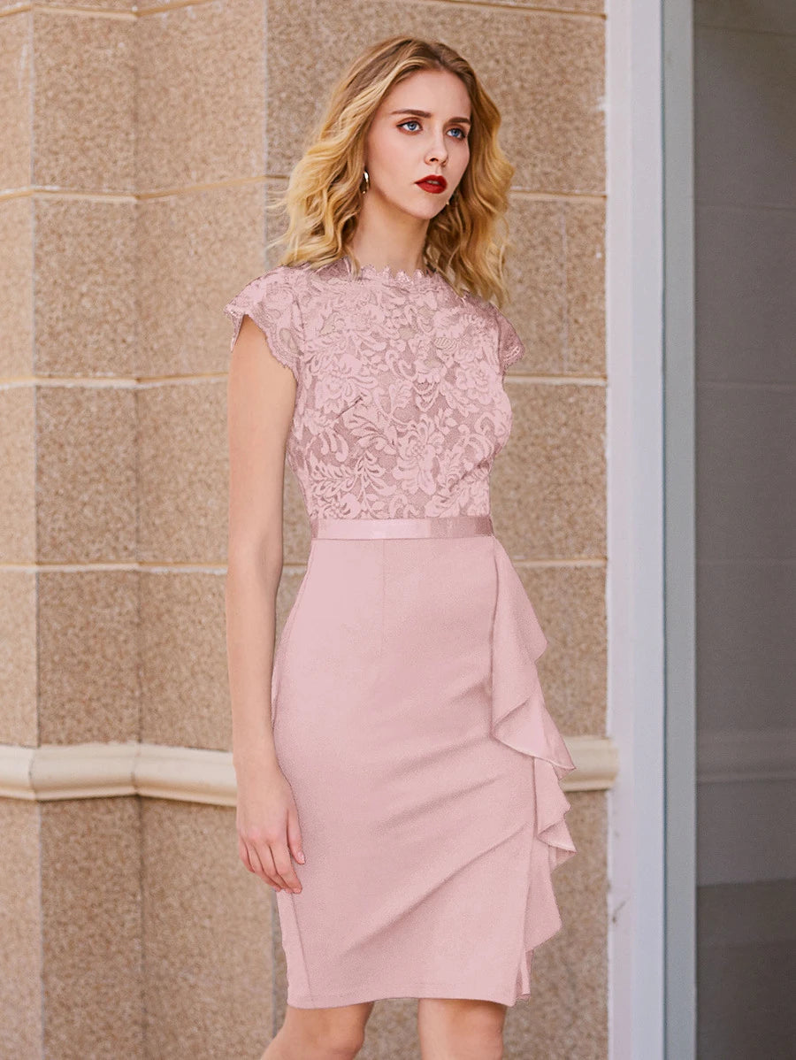 Mock Neck Lace Bodice Ruffle Trim Fitted Dress