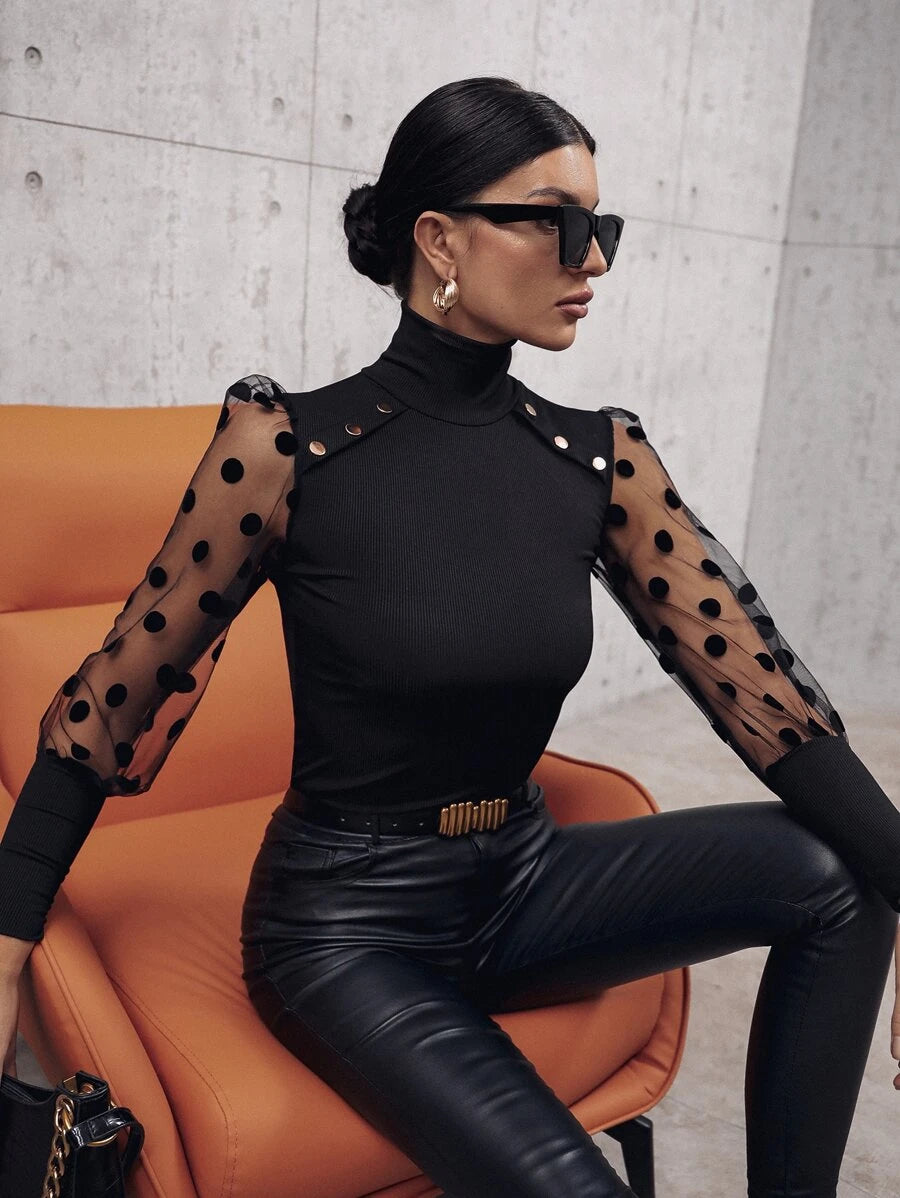 High Neck Dobby Mesh Panel Top