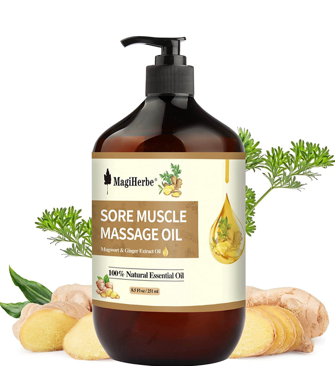 Sore Muscle Massage Oil for Body, 251ML Pure Natural Ginger Essential Oil and Mugwort Oil-Remedy for Warming,Repelling Cold and Relaxing Active Oil