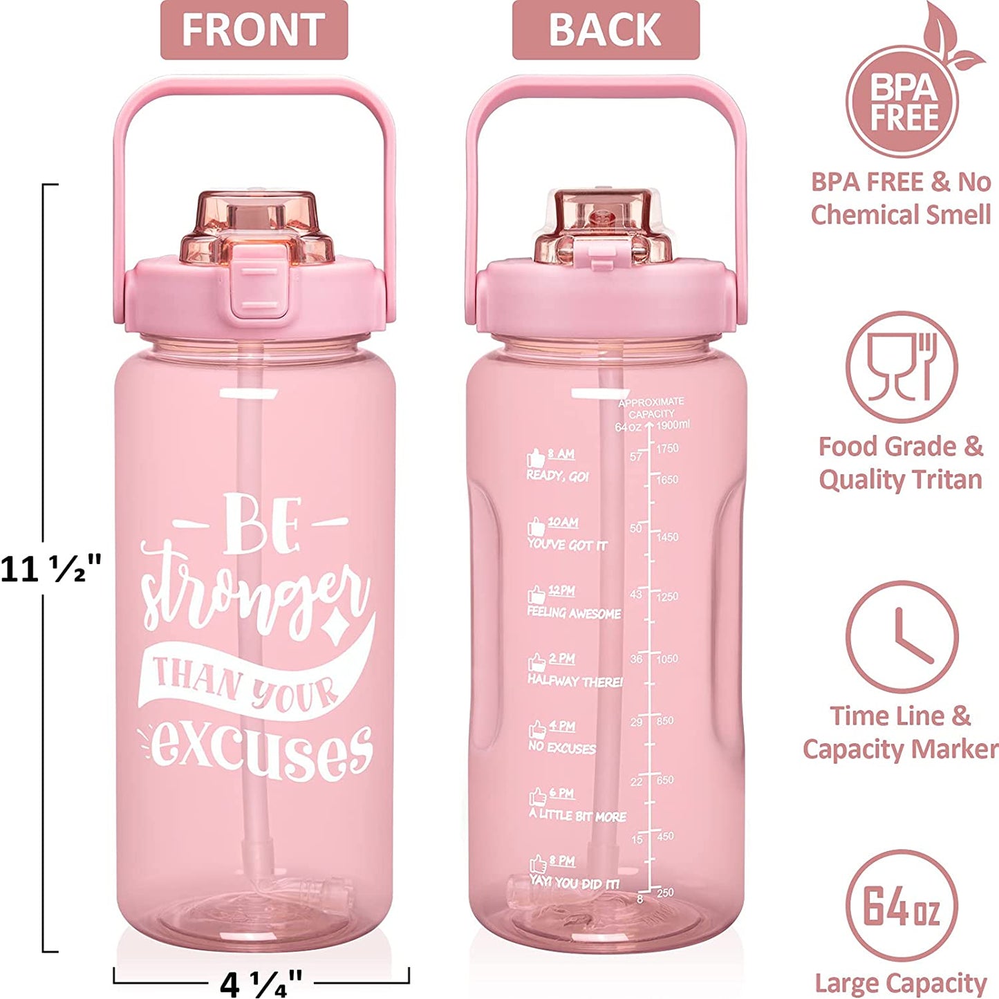 Divas Half Gallon Motivational Water Bottle with Sleeve & Strap 64 OZ with Straw & Time Marker to Drink. Leakproof BPA Free Workout Gym Sport Water Jug Women Men with Neoprene Holder