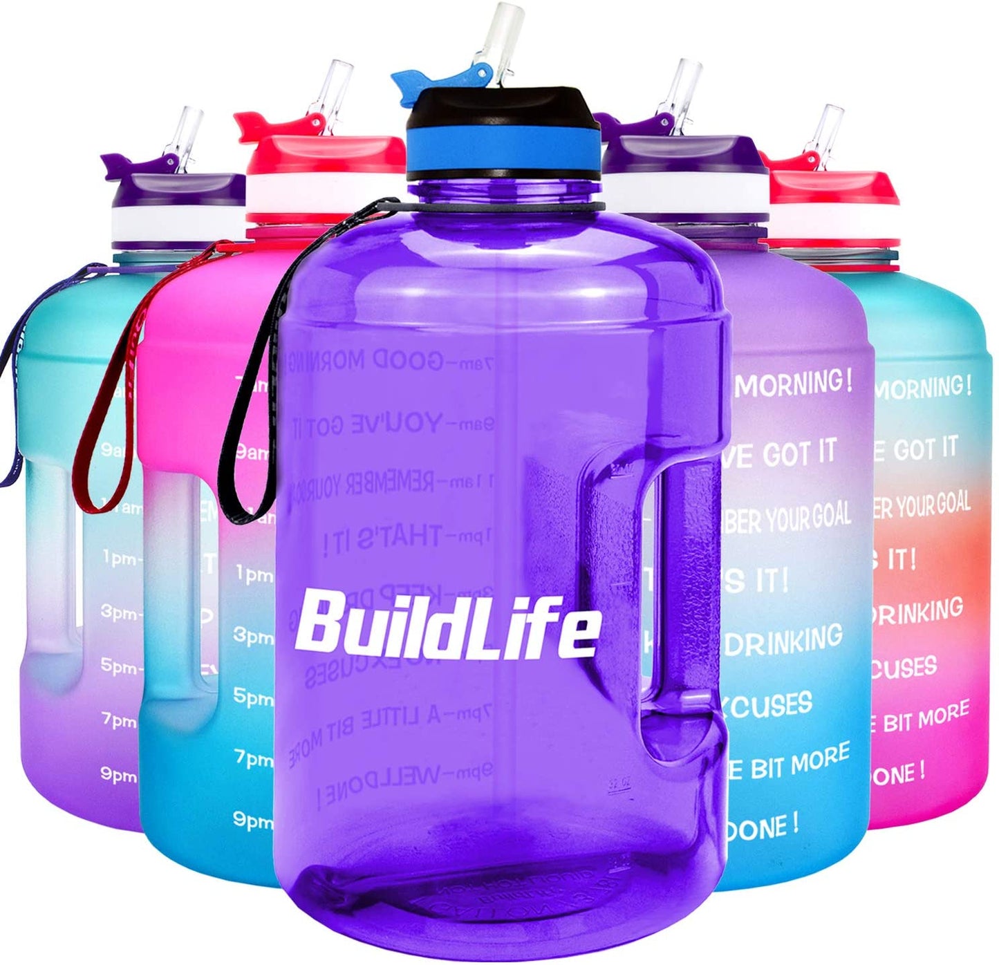 BuildLife Gallon Motivational Water Bottle Wide Mouth with Straw & Time Marked to Drink More Daily - BPA Free Reusable Gym Sports Outdoor