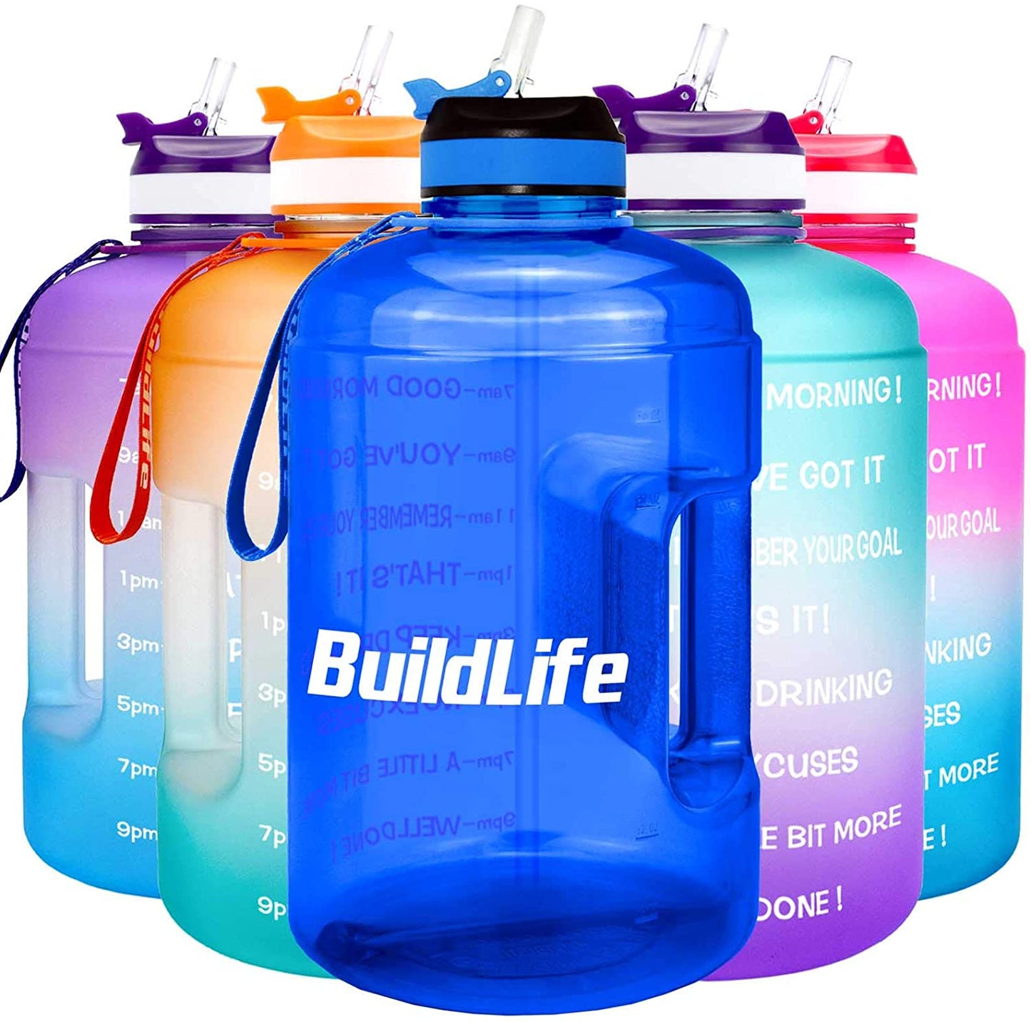BuildLife Gallon Motivational Water Bottle Wide Mouth with Straw & Time Marked to Drink More Daily - BPA Free Reusable Gym Sports Outdoor