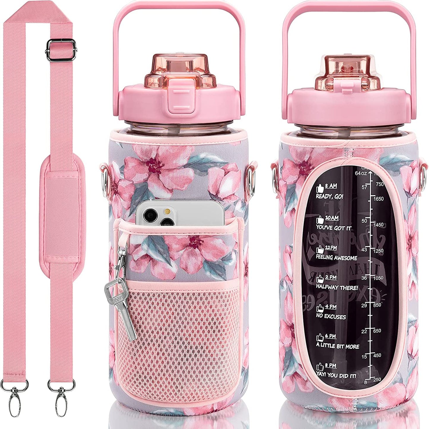 Divas Half Gallon Motivational Water Bottle with Sleeve & Strap 64 OZ with Straw & Time Marker to Drink. Leakproof BPA Free Workout Gym Sport Water Jug Women Men with Neoprene Holder
