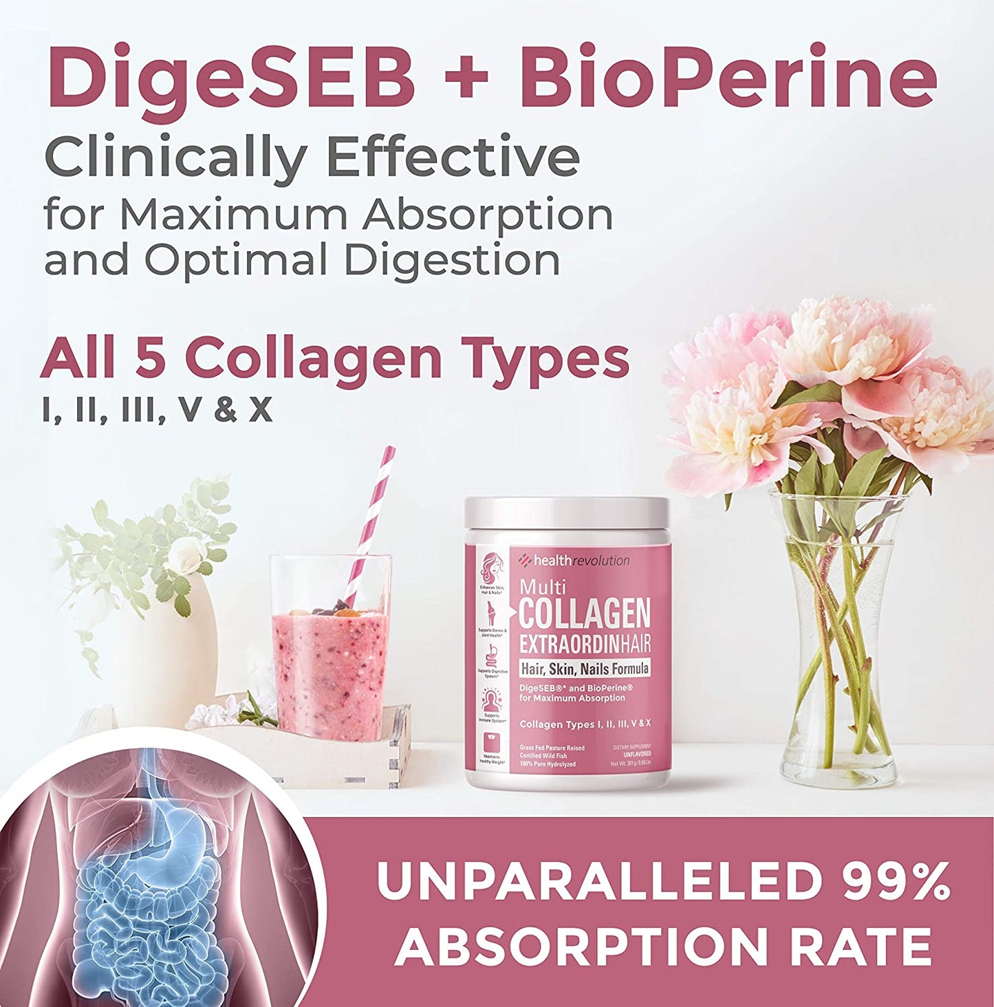 Multi Collagen Peptides Powder Supplement Types I, II, III, V, X - 5 Hydrolyzed Collagen Peptides– for Skin Hair Nails Joints –Triple Refined for Easy Mixing, Non-GMO Dairy Gluten-Free, Unflavored