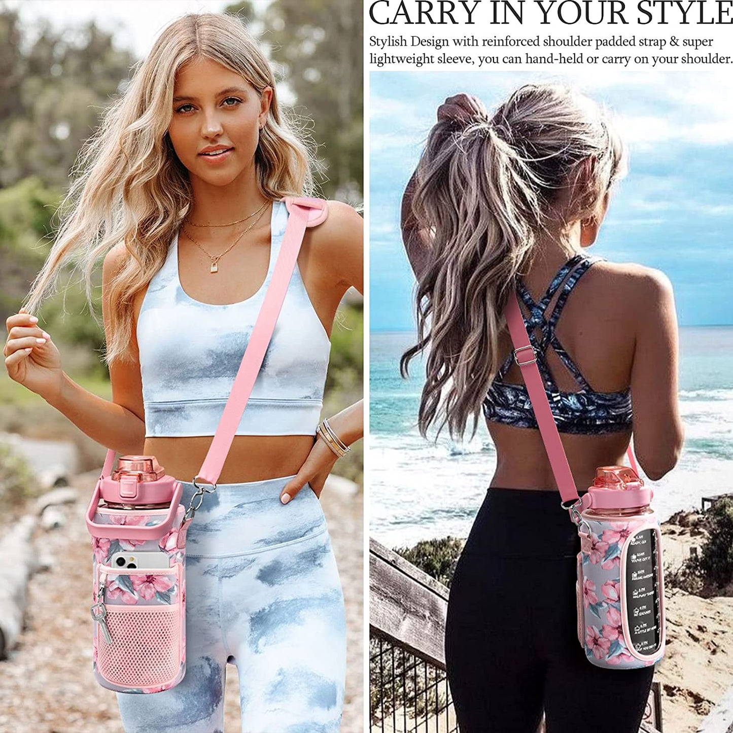 Divas Half Gallon Motivational Water Bottle with Sleeve & Strap 64 OZ with Straw & Time Marker to Drink. Leakproof BPA Free Workout Gym Sport Water Jug Women Men with Neoprene Holder