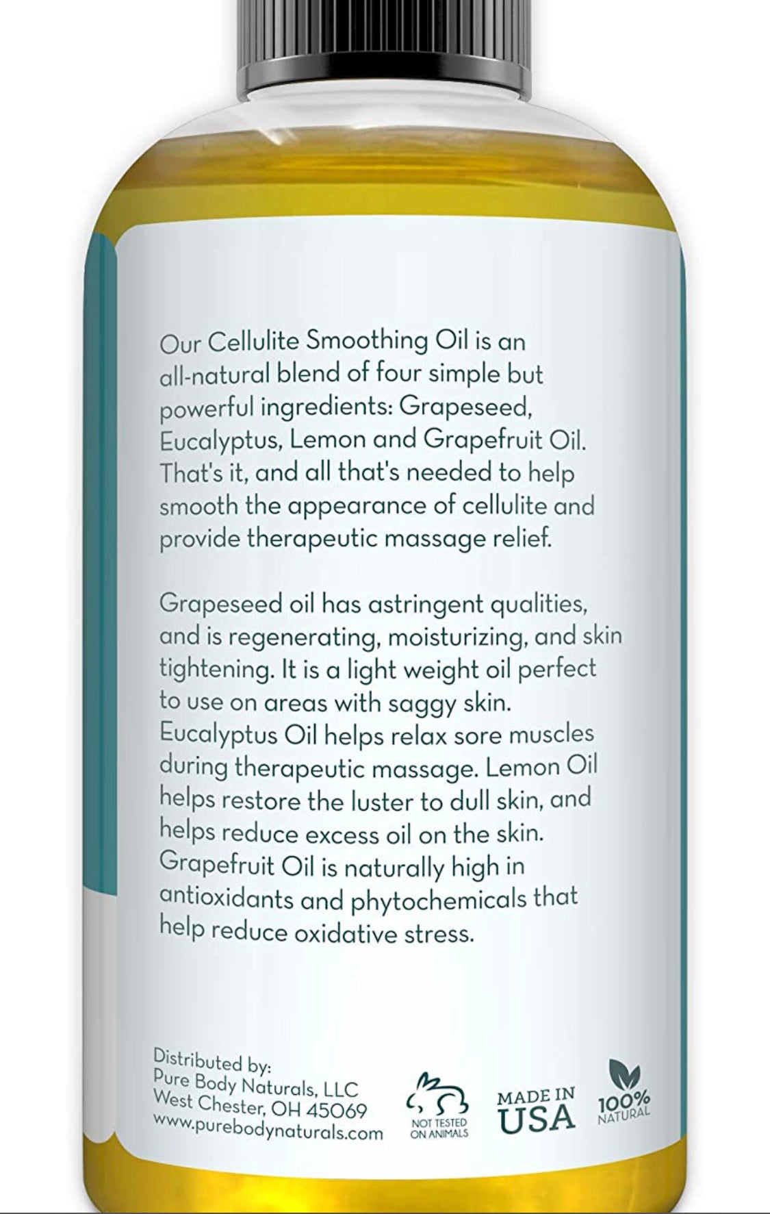 Pure Body Naturals Cellulite Massage Oil, 8 fl oz | 100% Natural Cellulite Oil for Thighs and Butt | Chemical Free Cellulite Oil Massage Treatment for Firming Stomach, Legs, and Arms (Label Varies)