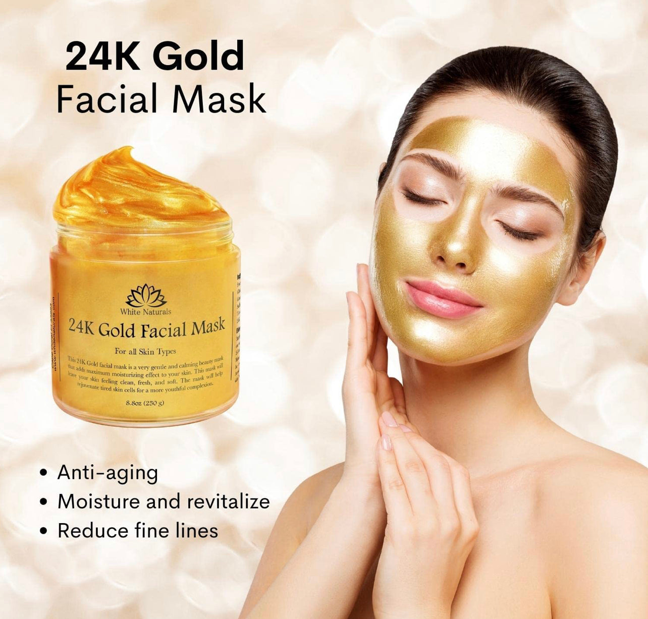 24K Gold Facial Mask — Rejuvenating Anti-Aging Face Mask — Face Mask For Flawless Skin — Reduces Fine Lines & Wrinkles — Clears Acne, Minimizes Pores — Moisturizes & Firms Up Your Skin