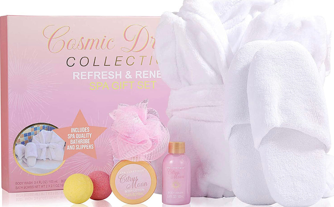 Spa Bathrobe and Slippers - Spa Luxetique Spa Gifts for Women, Flannel and Soft Bath Robe, Bath and Body Gift Set, Home Spa Gift Set Includes Bathrobe and Slippers, Bath Bombs, Body Lotion