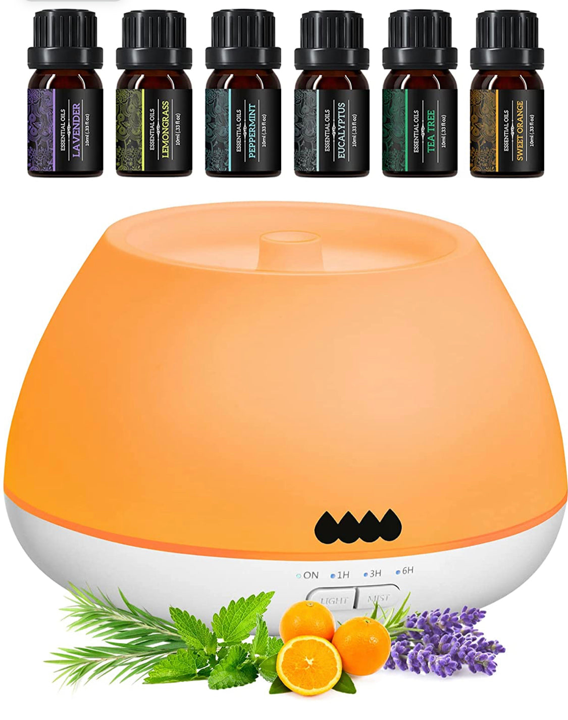 Diffuser with Essential Oils Included, UmideLead 500mL Essential Oil Diffuser with 6 Oils Set, 23dB Quiet Oil Diffuser for Essential Oils with 8 Colors Light, 20H Long Worktime, Auto Shut-Off(White)