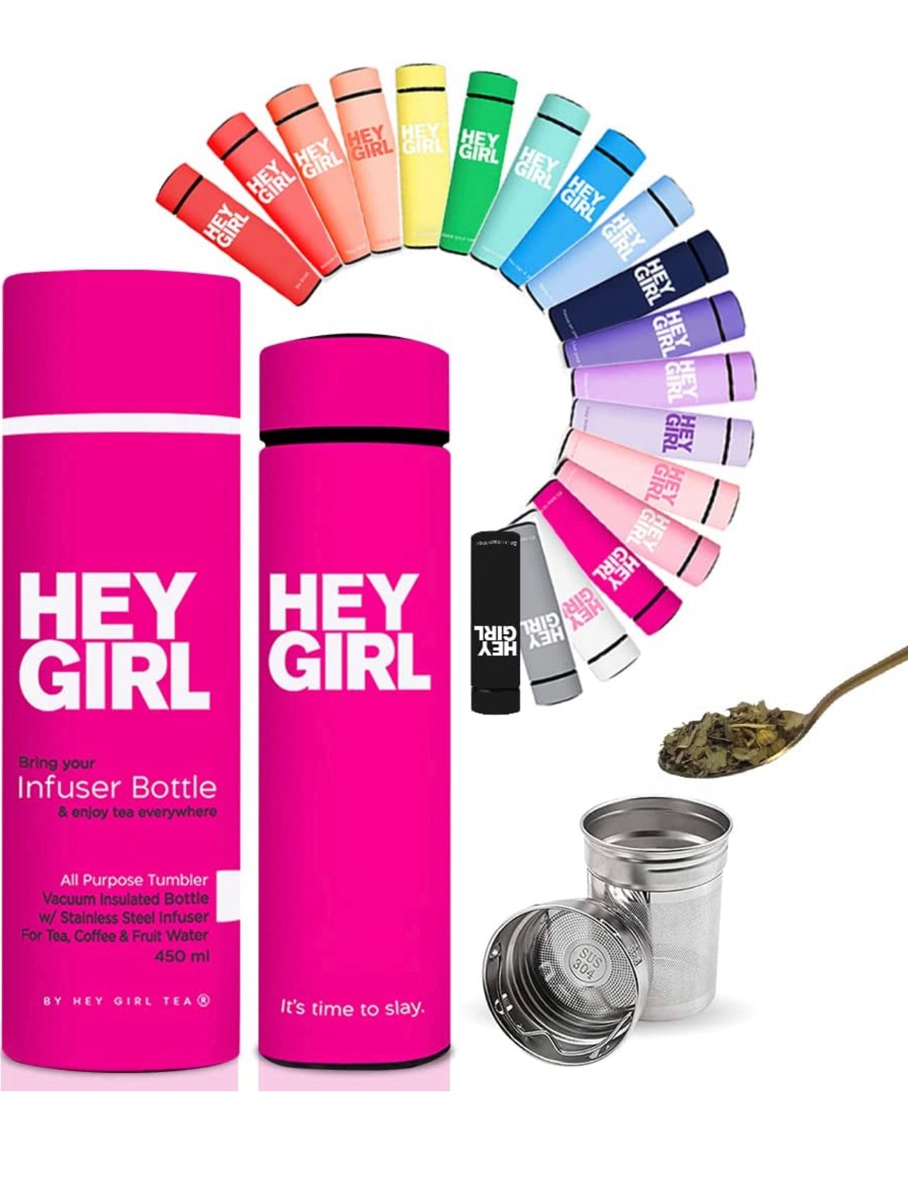 Hey Girl Tea Infuser Bottle - Insulated Stainless Steel Tea Thermos & Water Bottle (white only)