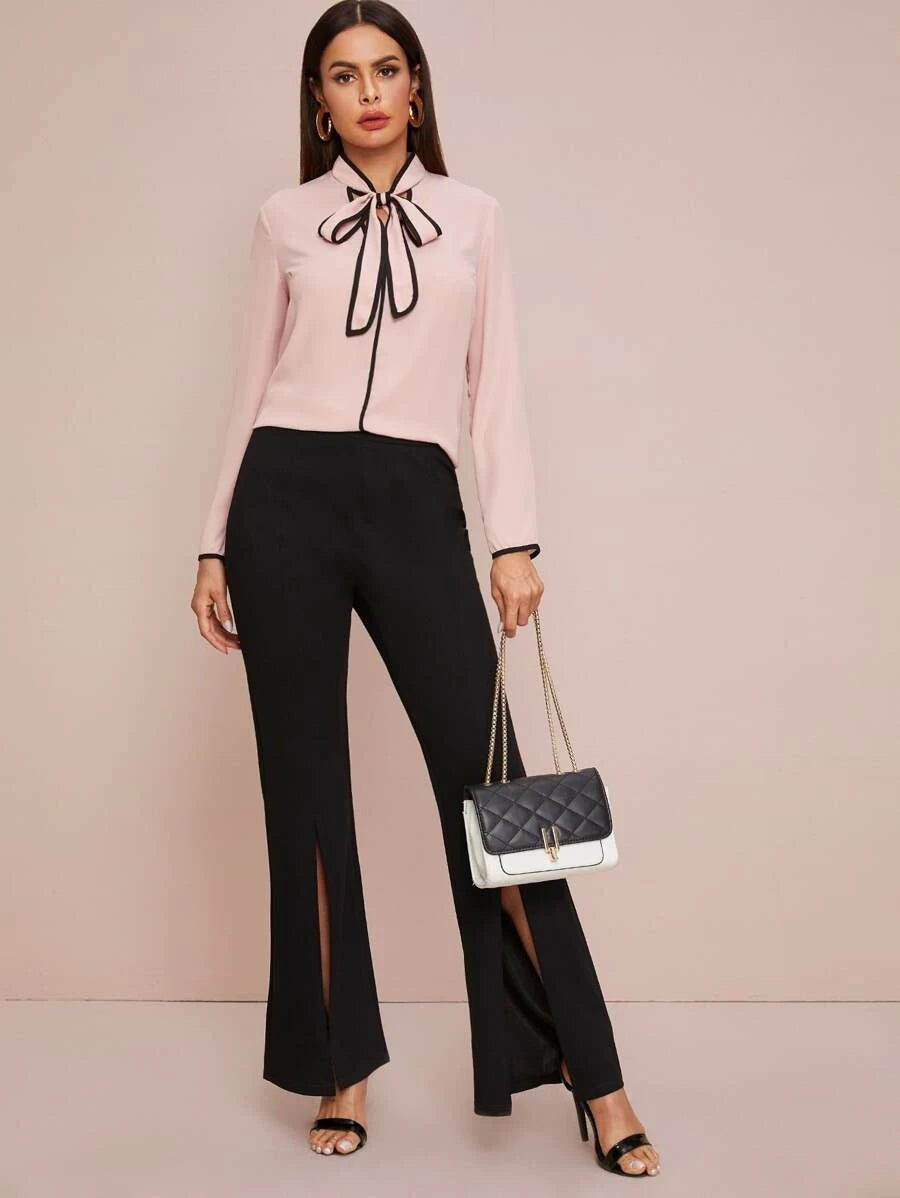 Tie Neck Contrast Binding Top