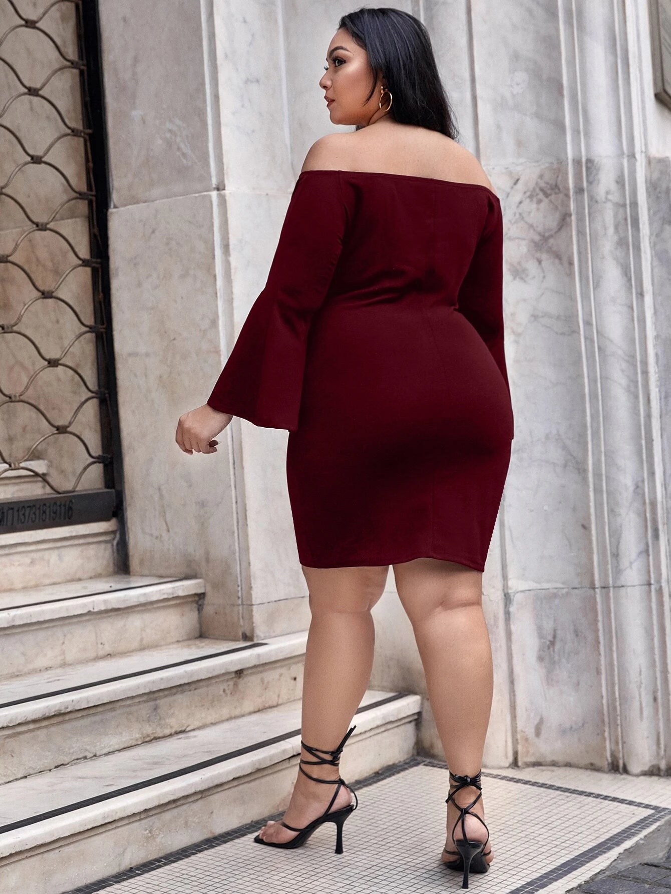 Plus V-cut Off Shoulder Split Sleeve Dress