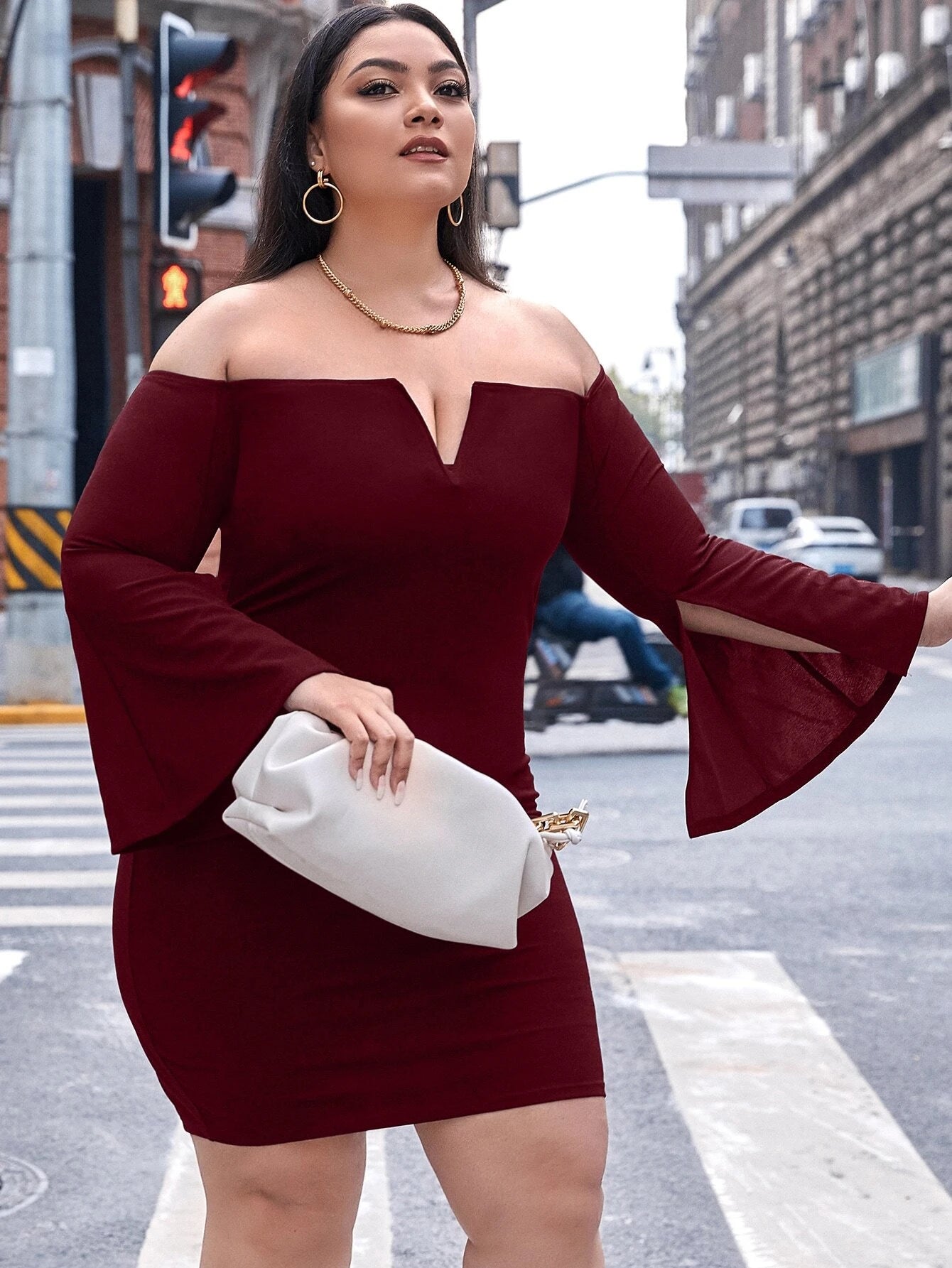 Plus V-cut Off Shoulder Split Sleeve Dress