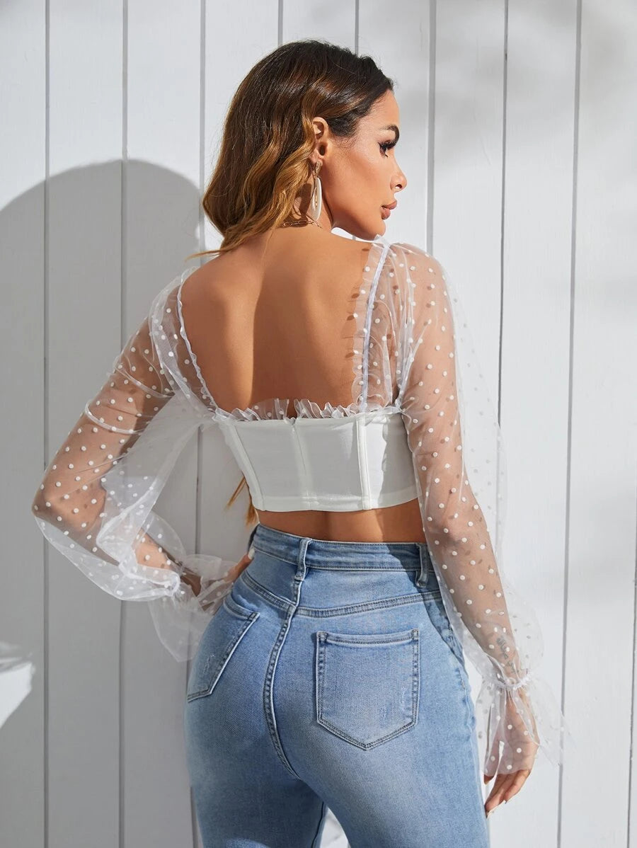 Contrast Dobby Mesh Flounce Sleeve Crop Bustier Top