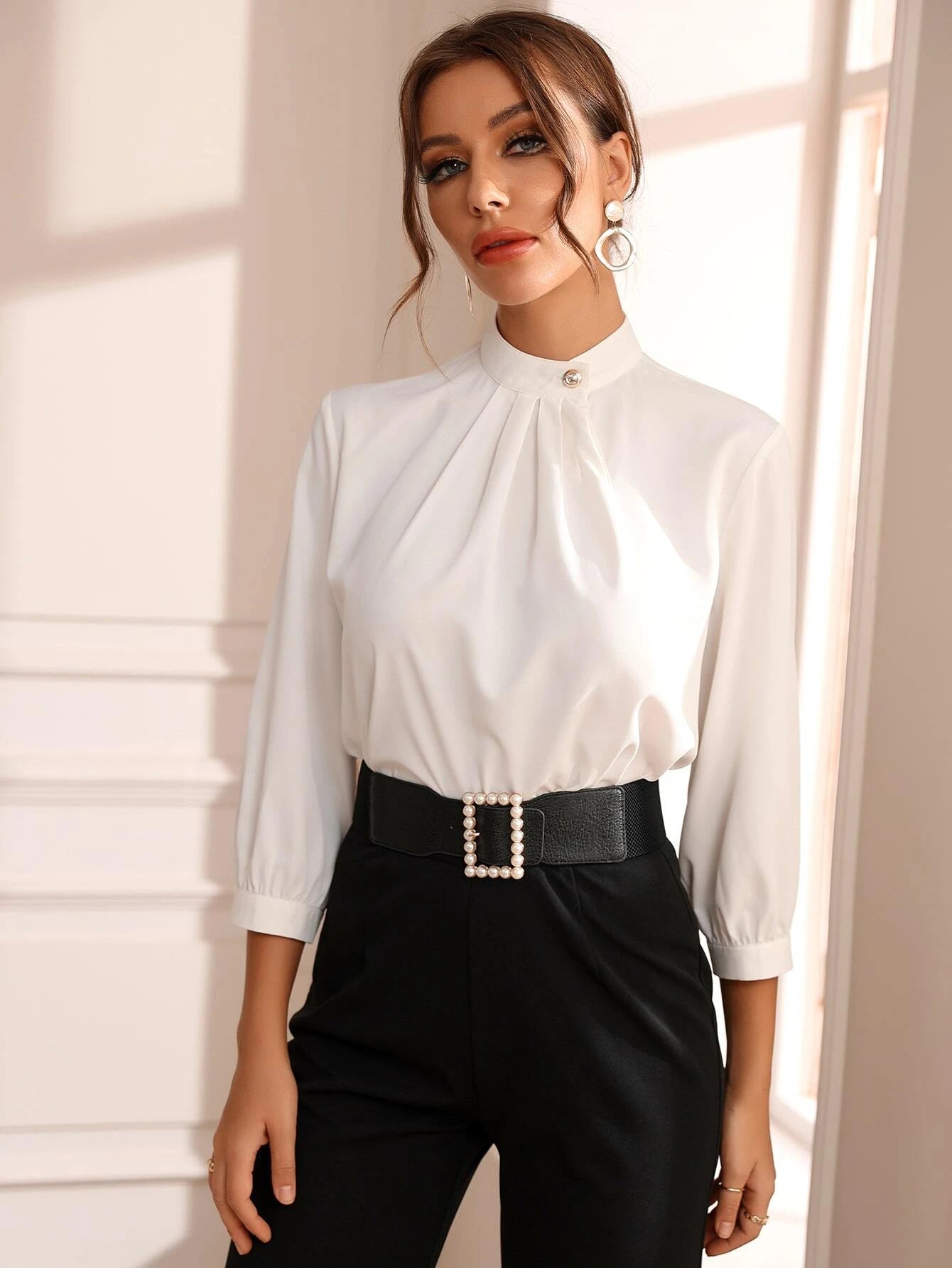 Mock Neck Three Quarter Sleeve Blouse