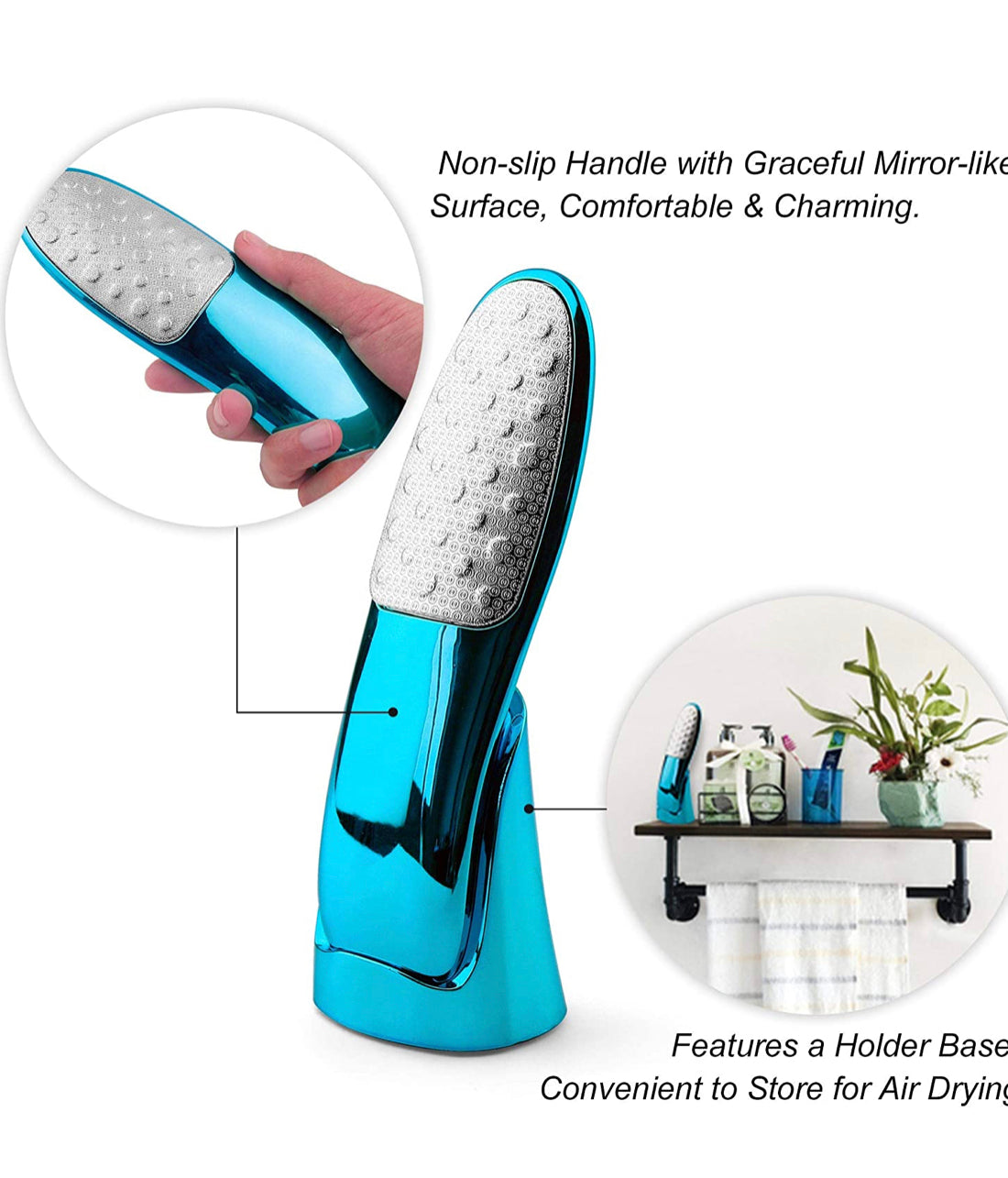 Foot Scrubber with Holder, Never-Cut-Your-Skin Callus Remover for Feet, Double-Sided Foot Scraper with Mirror-Like Handle, Pedicure Foot File Best Foot Scrubber Callus Remover, Durable and Easy to Use