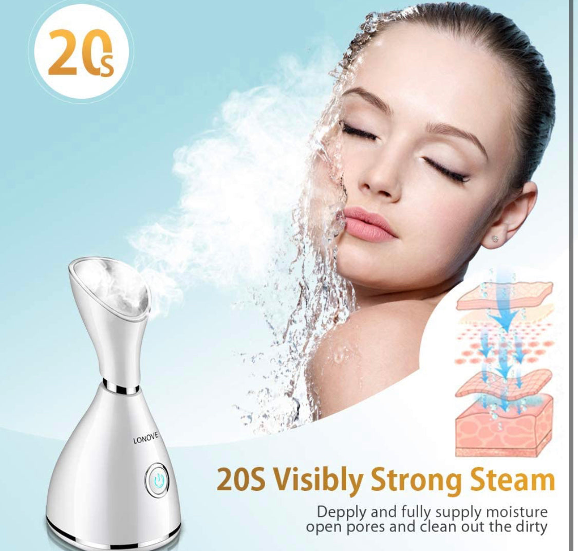 Facial Steamer-Face Steamer for Facial Deep Cleaning Home Facial Spa Warm Mist Humidifier Atomizer Sauna Sinuses Unclogs Pores with Blackhead Stainless Steel Kit and Hair Band (White), F0110