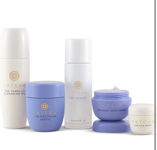 Tatcha The Starter Ritual Set - Ultra Hydrating for Dry Skin: Includes Pure One Step Camellia Cleansing Oil, The Rice Polish: Gentle, The Essence, The Dewy Skin Cream & The Silk Peony