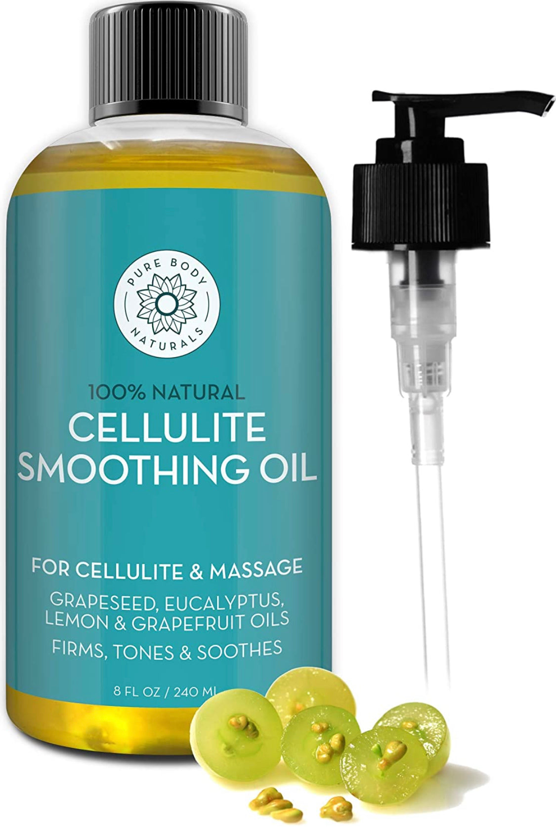 Pure Body Naturals Cellulite Massage Oil, 8 fl oz | 100% Natural Cellulite Oil for Thighs and Butt | Chemical Free Cellulite Oil Massage Treatment for Firming Stomach, Legs, and Arms (Label Varies)