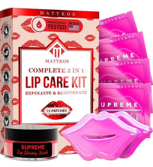 Vegan Lip Mask and Lip Scrub Kit - Strawberry - 15 Pairs - Exfoliate and Moisturize for Dry Lips, Moisturizing, Anti-Aging, Plumping - Enhance & Nourishing Firm Lips Appearance with Gel Lip Pads
