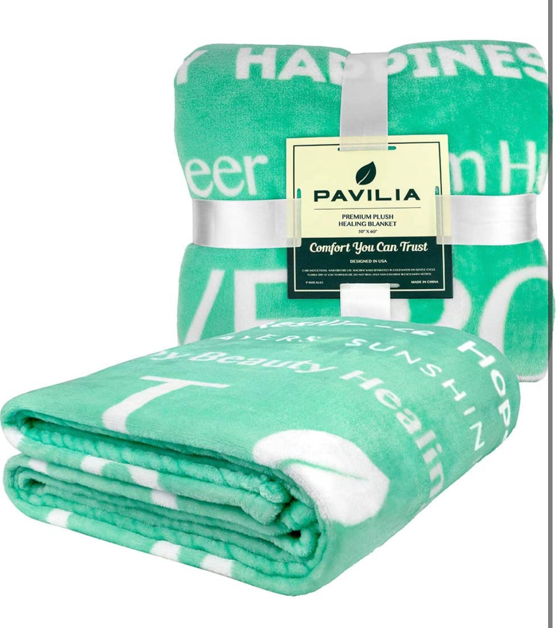 PAVILIA Healing Blanket, Get Well Soon Gift Blanket for Women, Men | Warm Hugs Inspirational Gift, Soft Fleece Throw with Positive Energy, Comfort, Love for Recovery (50x60, Green Mint)