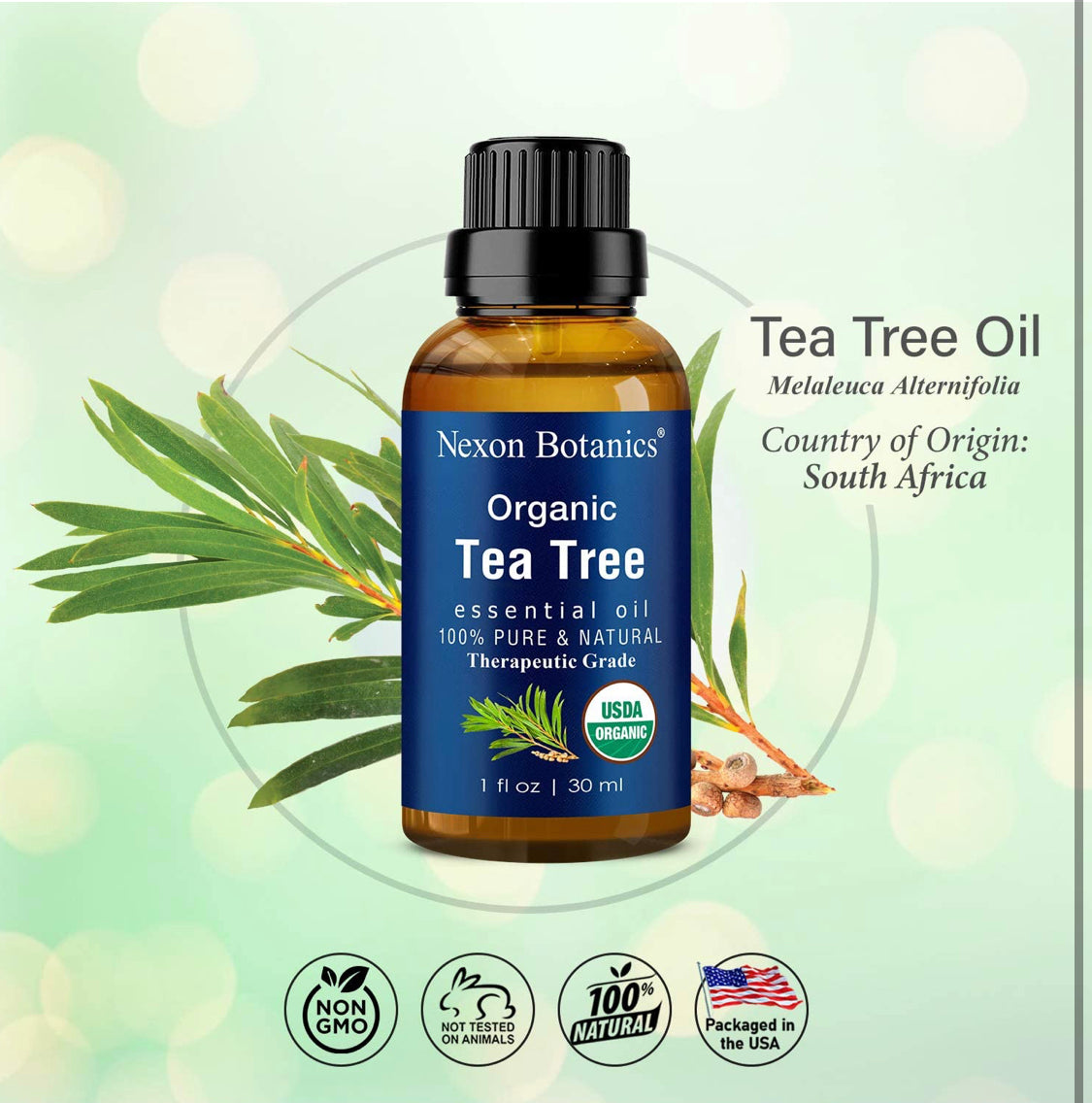 Organic Tea Tree Oil 30 ml - 100% Natural, Pure Tea Tree Essential Oil for Hair, Face, Skin Use, Scalp, Acne - Pure Tea Tree Oil Essential Oils for Aromatherapy, Diffuser, Humidifier - Nexon Botanics