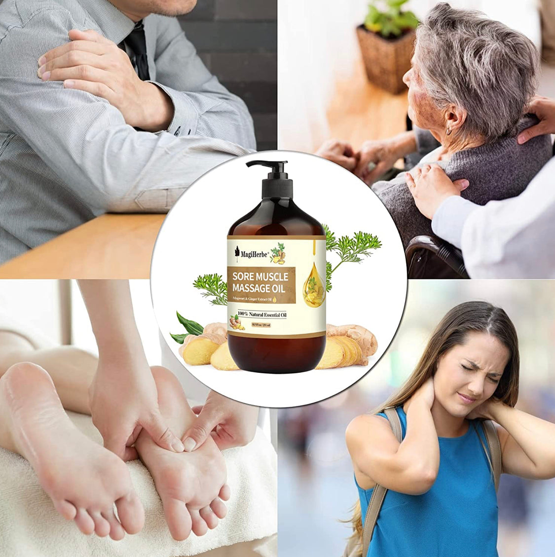 Sore Muscle Massage Oil for Body, 251ML Pure Natural Ginger Essential Oil and Mugwort Oil-Remedy for Warming,Repelling Cold and Relaxing Active Oil