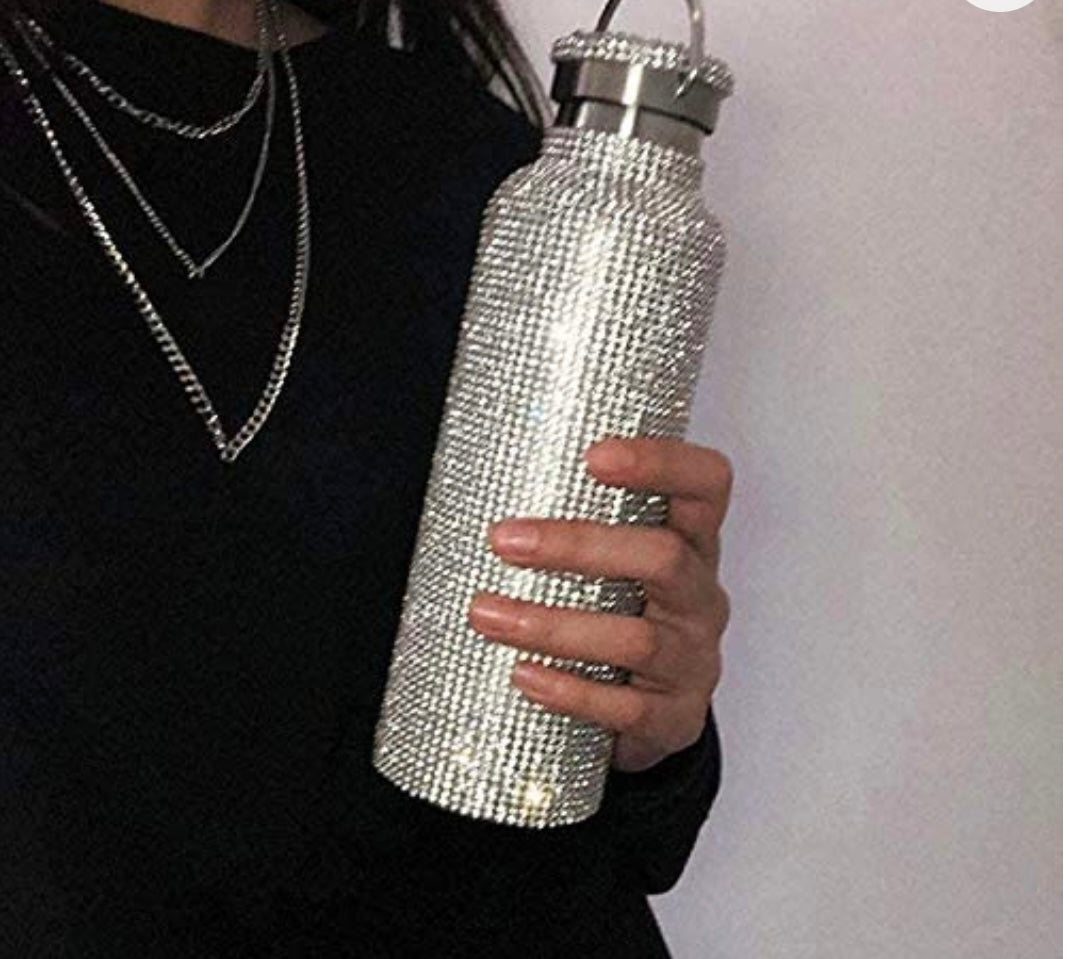 Level Up Diamond Water Bottle Bling Rhinestone Stainless Steel Thermal Bottle Refillable Water Bottle Insulated Water Bottle Glitter Water Bottle with Chain for Women (Silver,500 ml)