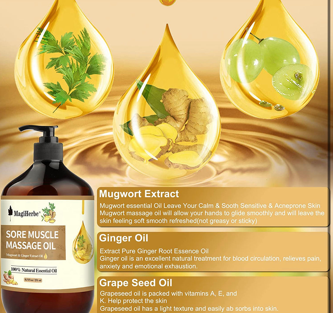 Sore Muscle Massage Oil for Body, 251ML Pure Natural Ginger Essential Oil and Mugwort Oil-Remedy for Warming,Repelling Cold and Relaxing Active Oil