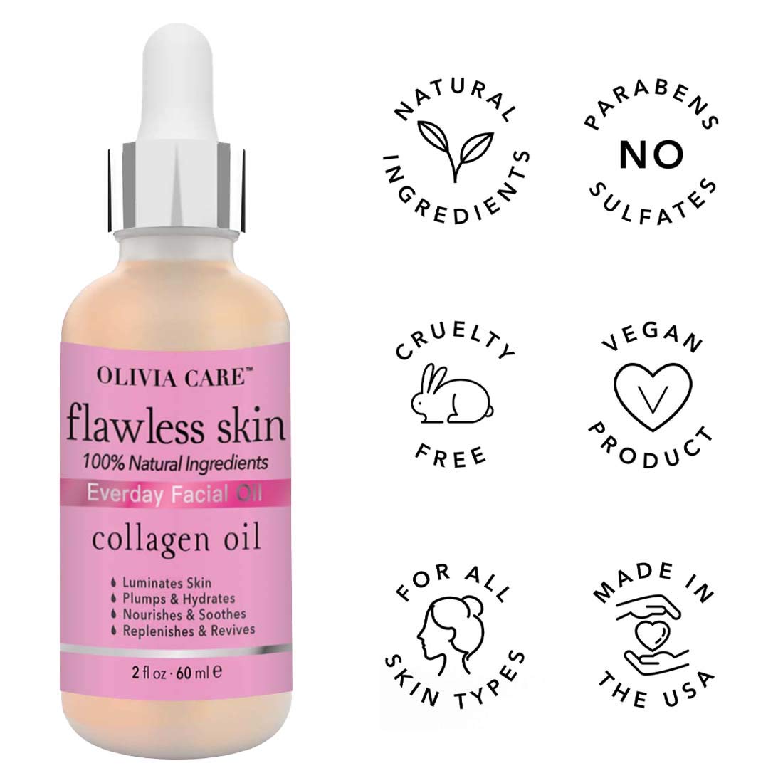 Collagen Everyday Flawless Essential Facial Oil By Olivia Care – 100% Natural. Nourishing, Plump, Reviving, Hydrating, Calming & Soothing. Stabilize & Retain Moisture - For All Skin Types - 2 OZ