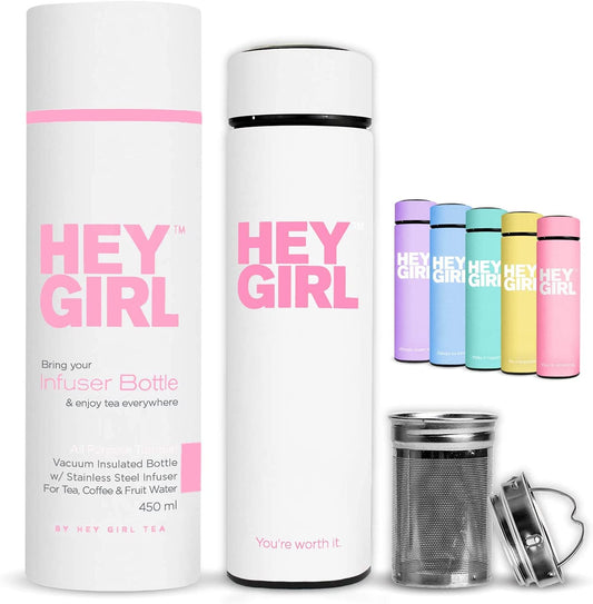 Hey Girl Tea Infuser Bottle - Insulated Stainless Steel Tea Thermos & Water Bottle (white only)