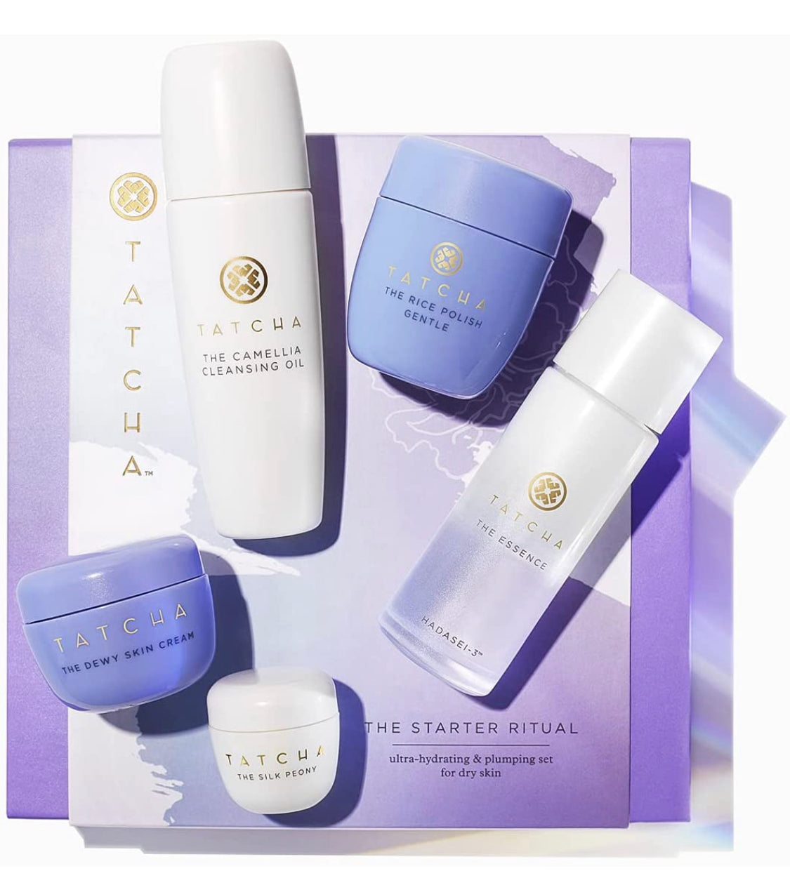 Tatcha The Starter Ritual Set - Ultra Hydrating for Dry Skin: Includes Pure One Step Camellia Cleansing Oil, The Rice Polish: Gentle, The Essence, The Dewy Skin Cream & The Silk Peony