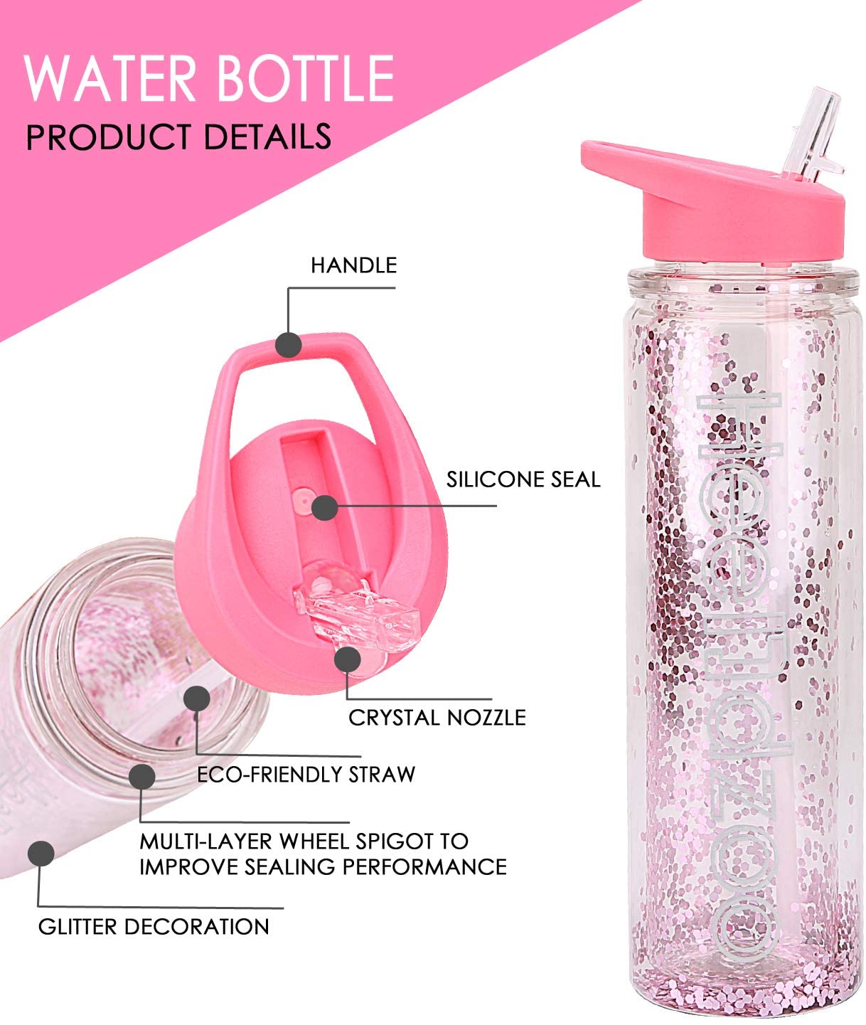 Kids Water Bottle With Straw,Girls Water Bottles For School,Tritan BPA Free Leak Proof,18oz Glitter Water Bottles For Women,Double Wall Insulated,Keep Beverages Hot or Cold,For Fitness,Sports,Pink