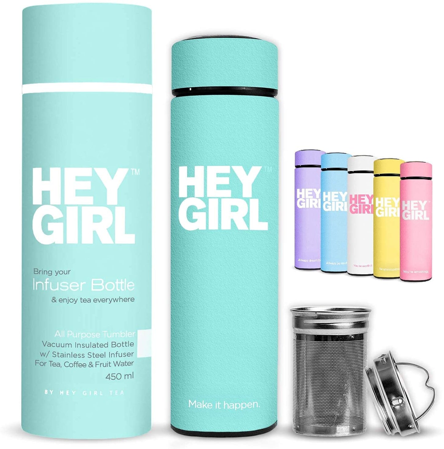 Hey Girl Tea Infuser Bottle - Insulated Stainless Steel Tea Thermos & Water Bottle (white only)