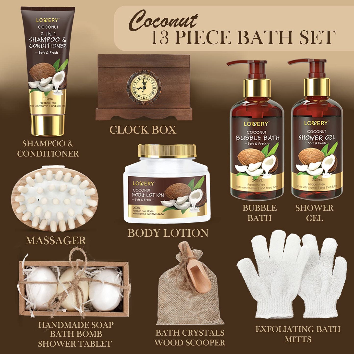 Sweet Romance Car Bath Gift Set in a Vintage Style Wooden Clock Box, 13Pc Premium Coconut Spa Kit for Men & Women - Body Lotion, Handmade Soap, Bath Bomb, Coconut Shampoo & Conditioner, Massager & More