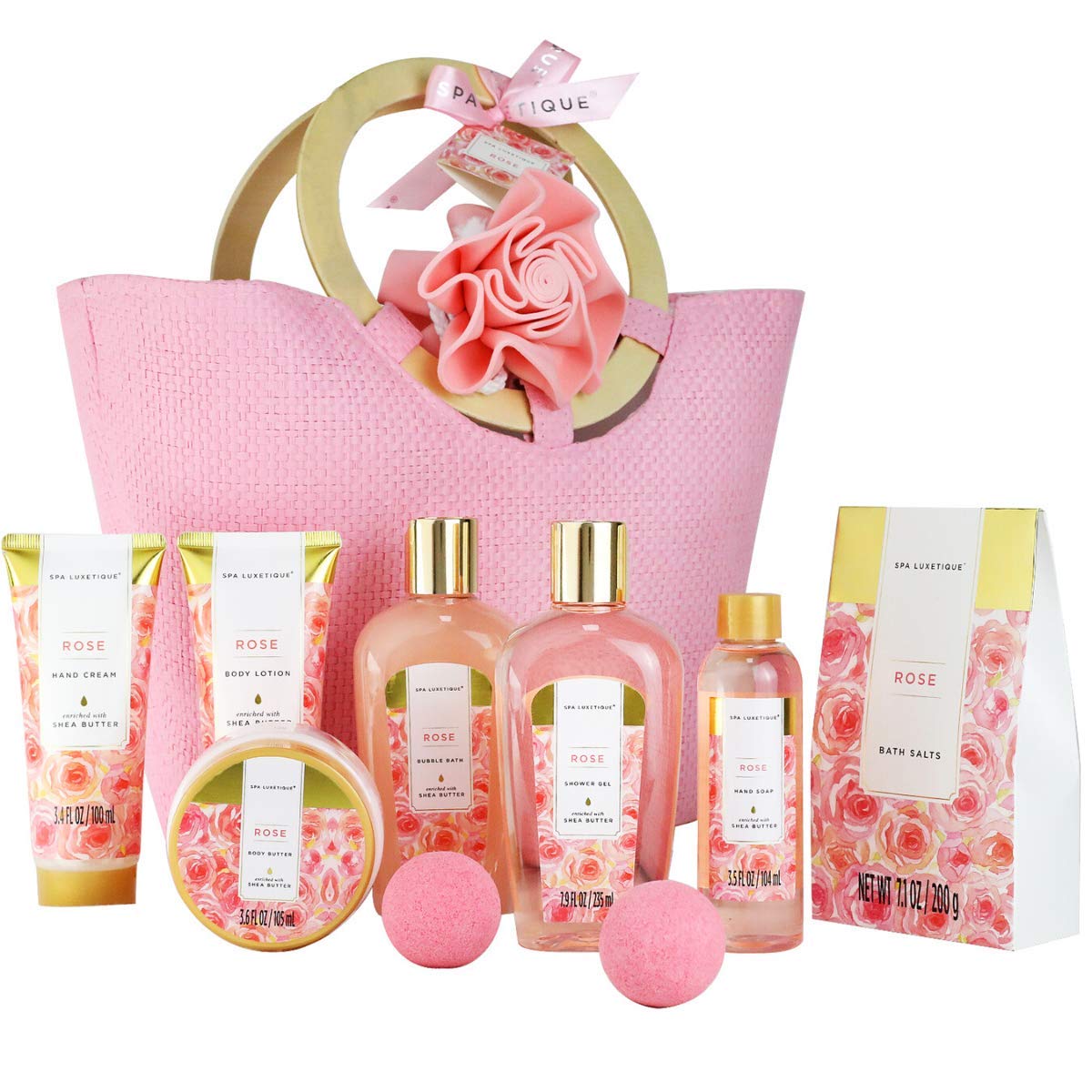 Royalty Treatment Care - 10pcs Rose Spa Basket, Relaxing Spa Kit with Bath Salts, Body Lotion, Shower Gel, Women Gifts, Christmas Gifts, Wedding Gifts, Anniversary or Birtday