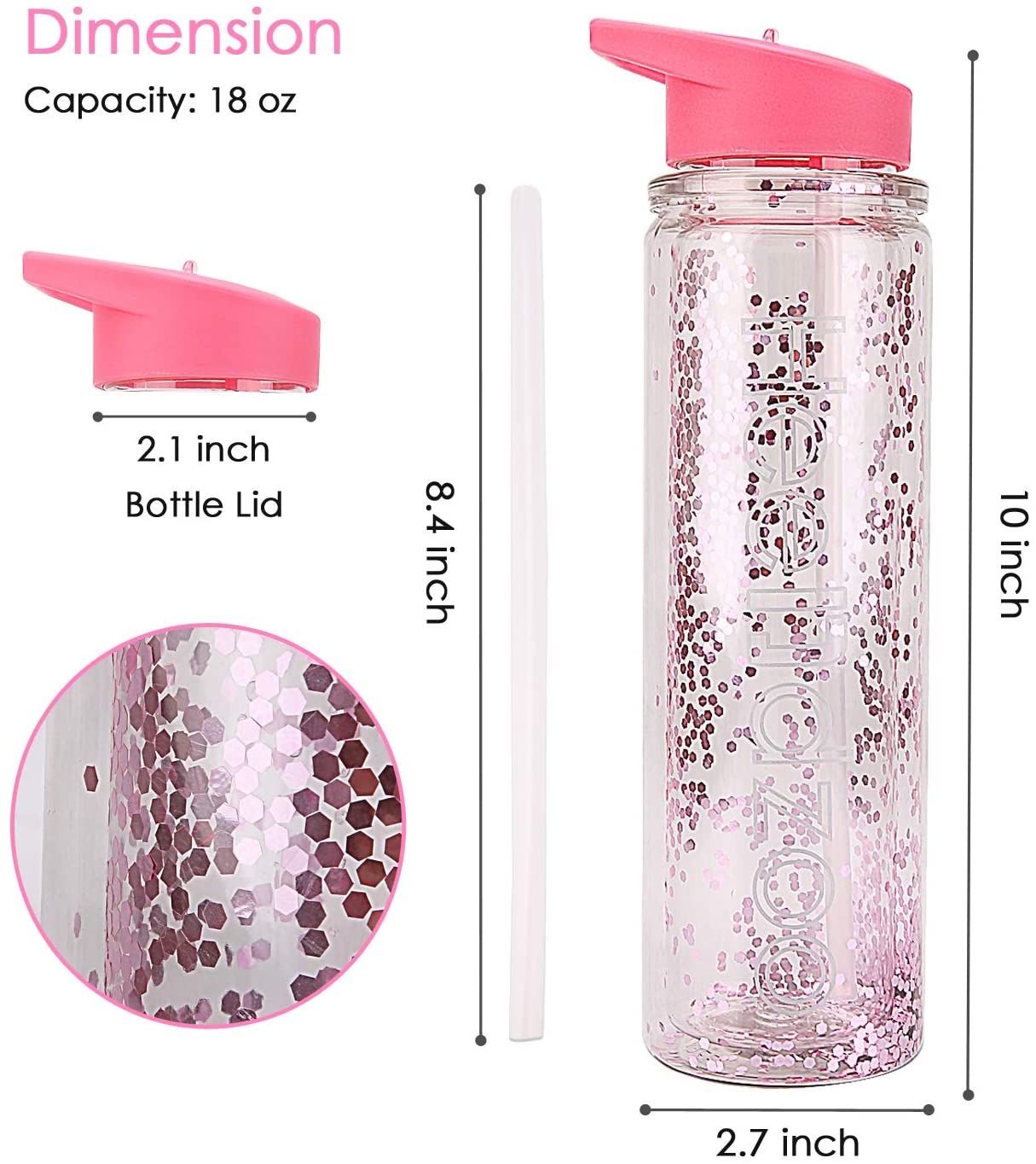 Kids Water Bottle With Straw,Girls Water Bottles For School,Tritan BPA Free Leak Proof,18oz Glitter Water Bottles For Women,Double Wall Insulated,Keep Beverages Hot or Cold,For Fitness,Sports,Pink