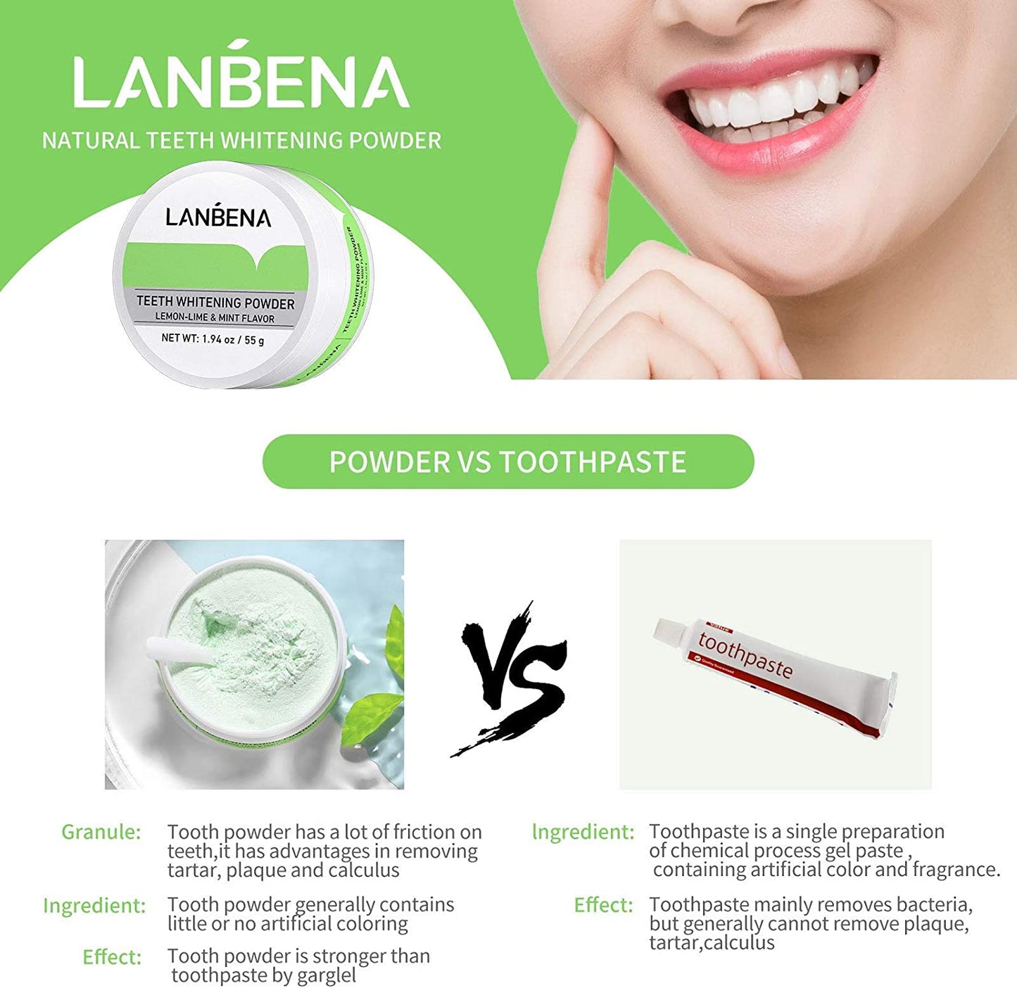 Teeth Whitening, LANBENA Teeth Brightening Powder Tooth Whitener with Pearl Essence Remove Coffee Wine Tobacco Stains and Fresh Breath Teeth Whitening Powder Lemon-Lime & Mint Flavor 55g/1.94oz