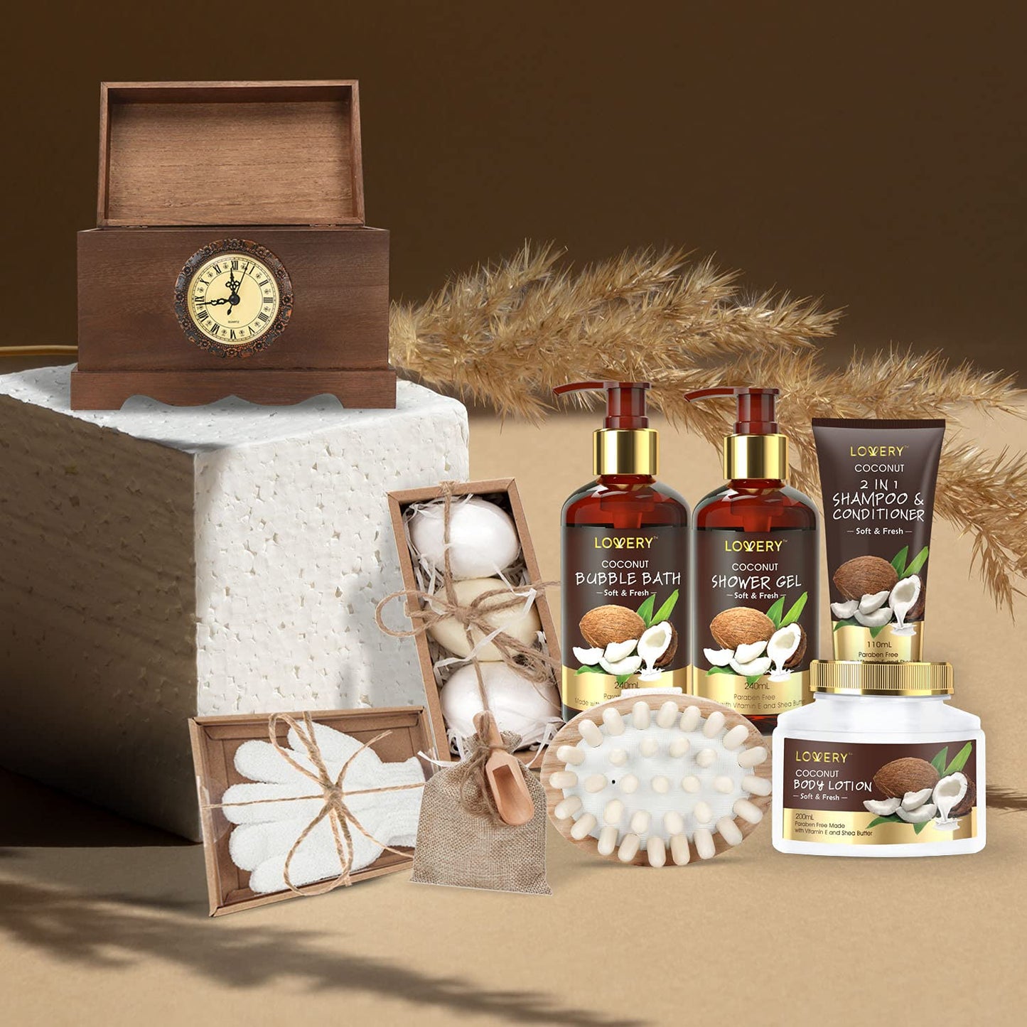 Sweet Romance Car Bath Gift Set in a Vintage Style Wooden Clock Box, 13Pc Premium Coconut Spa Kit for Men & Women - Body Lotion, Handmade Soap, Bath Bomb, Coconut Shampoo & Conditioner, Massager & More