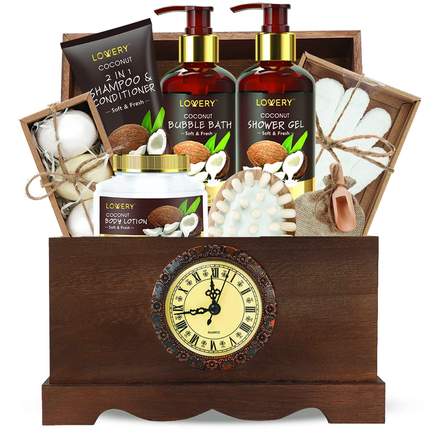 Sweet Romance Car Bath Gift Set in a Vintage Style Wooden Clock Box, 13Pc Premium Coconut Spa Kit for Men & Women - Body Lotion, Handmade Soap, Bath Bomb, Coconut Shampoo & Conditioner, Massager & More