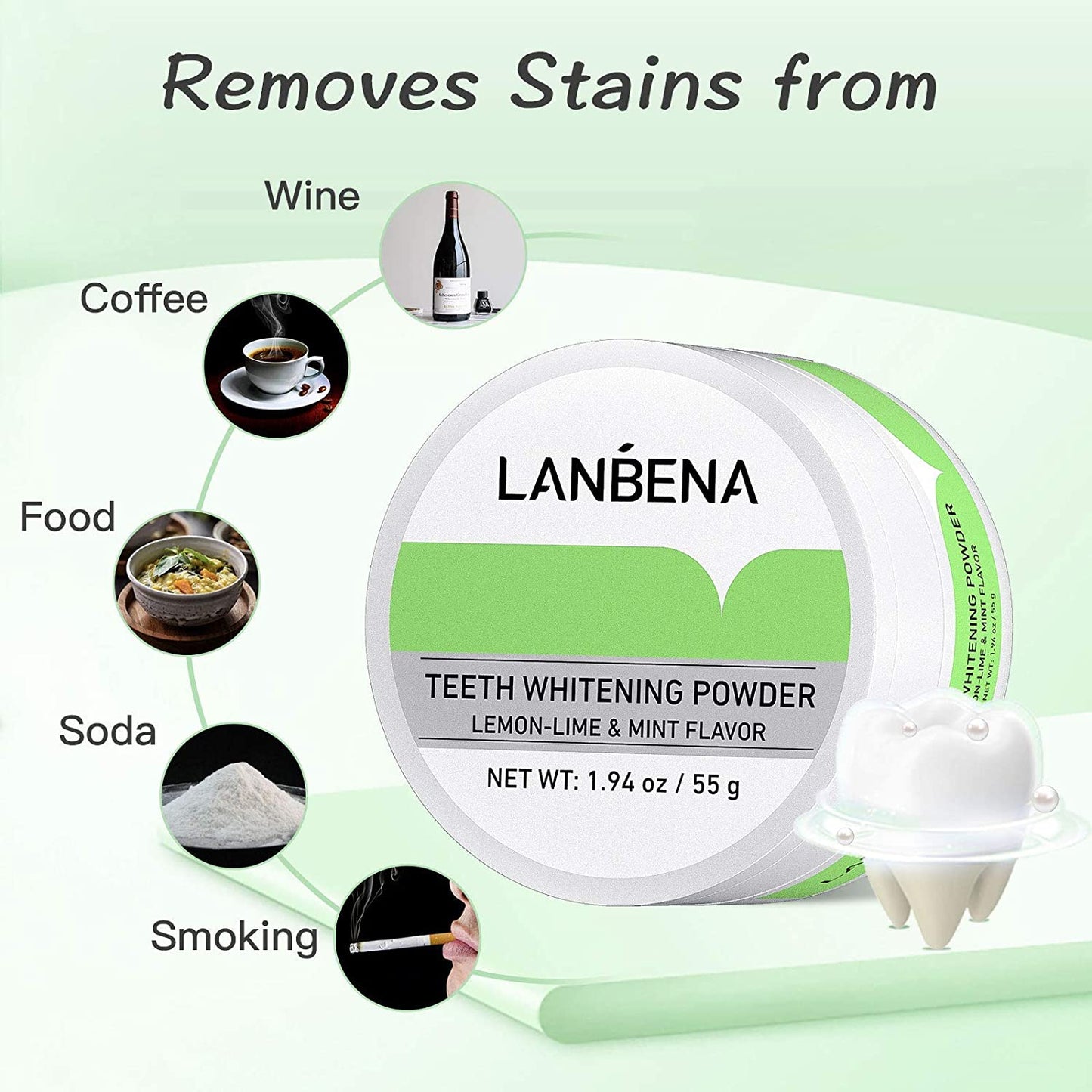 Teeth Whitening, LANBENA Teeth Brightening Powder Tooth Whitener with Pearl Essence Remove Coffee Wine Tobacco Stains and Fresh Breath Teeth Whitening Powder Lemon-Lime & Mint Flavor 55g/1.94oz