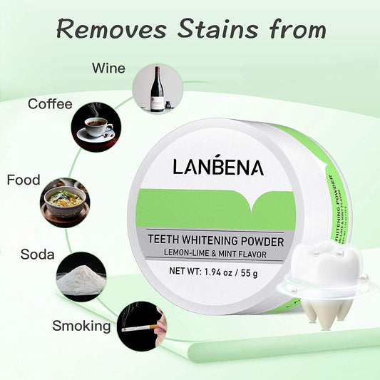 Teeth Whitening, LANBENA Teeth Brightening Powder Tooth Whitener with Pearl Essence Remove Coffee Wine Tobacco Stains and Fresh Breath Teeth Whitening Powder Lemon-Lime & Mint Flavor 55g/1.94oz