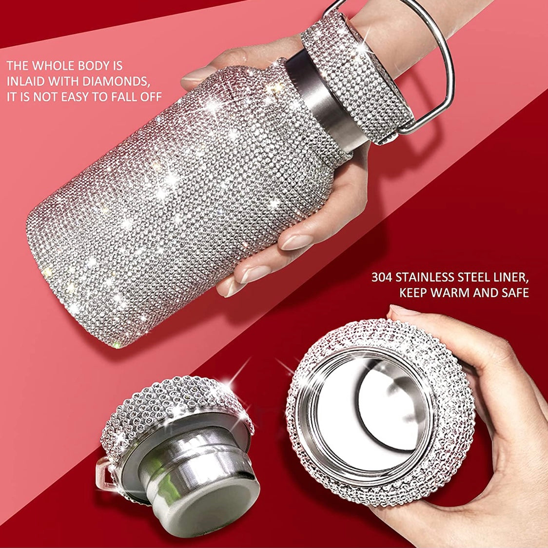 Level Up Diamond Water Bottle Bling Rhinestone Stainless Steel Thermal Bottle Refillable Water Bottle Insulated Water Bottle Glitter Water Bottle with Chain for Women (Silver,500 ml)