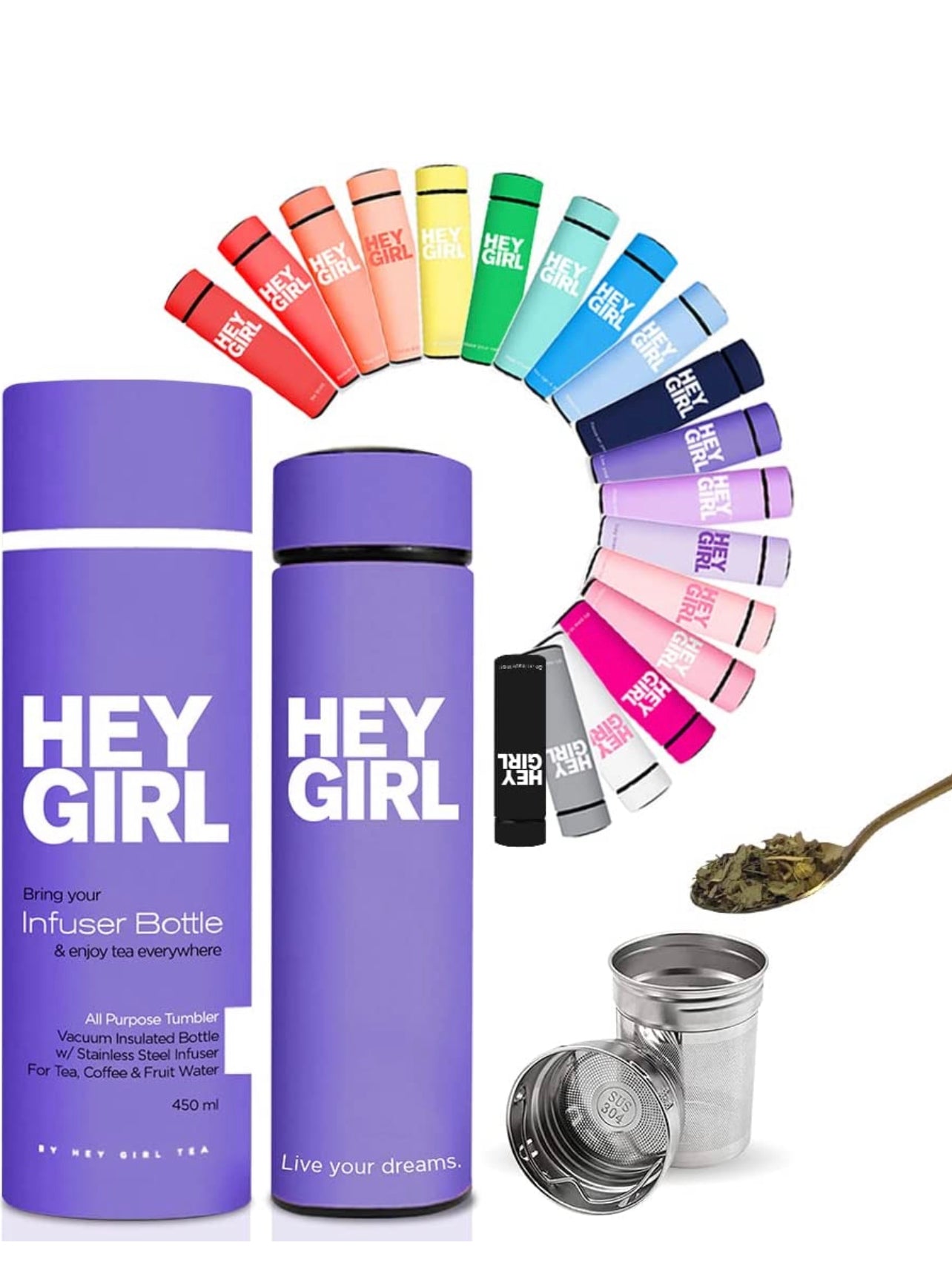 Hey Girl Tea Infuser Bottle - Insulated Stainless Steel Tea Thermos & Water Bottle (white only)