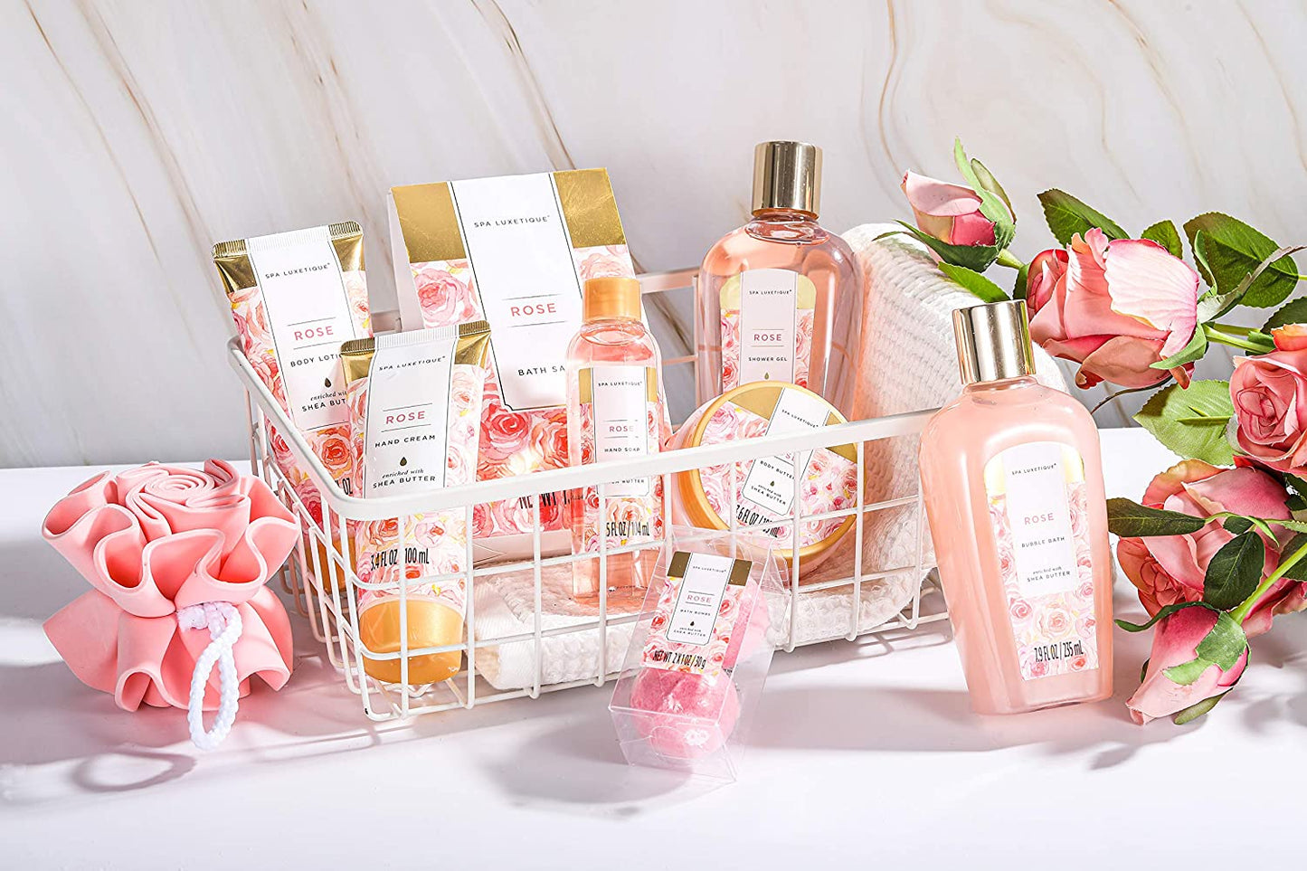 Royalty Treatment Care - 10pcs Rose Spa Basket, Relaxing Spa Kit with Bath Salts, Body Lotion, Shower Gel, Women Gifts, Christmas Gifts, Wedding Gifts, Anniversary or Birtday