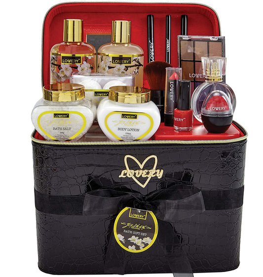 The Total Package of Love Care – 30 Piece Set, Jasmine Home Spa & Makeup Set, Includes Cosmetic Pencils, Lip Balm, Lotions, Perfume, Black Leather Cosmetic Bag & More. Wedding Gifts, Anniversary Gift, Mother’s Day or Birthday.