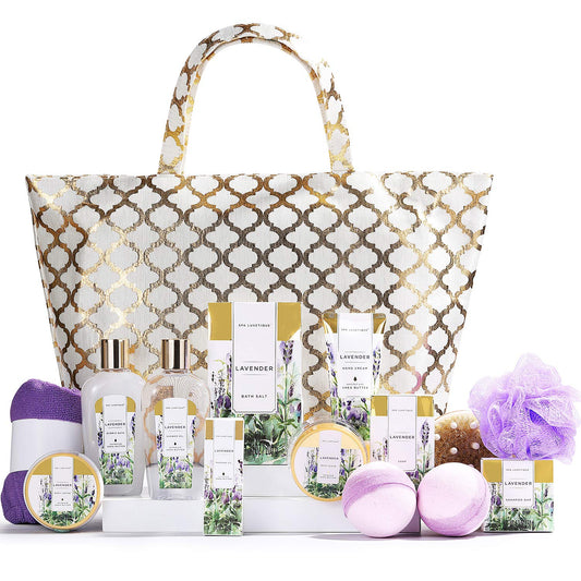 Spa Luxetique Spa Gift Basket, Gift Set for Women - 15pcs Lavender Spa Baskets, Relaxing Spa Kit Includes Bubble Bath, Bath Bombs, Massage Oil, Bath Set for Women Gifts, Christmas Gifts for Women.