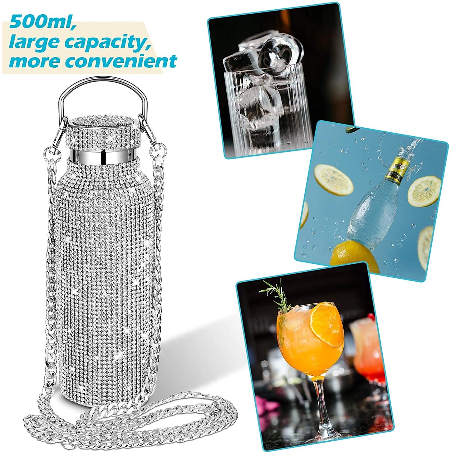 Level Up Diamond Water Bottle Bling Rhinestone Stainless Steel Thermal Bottle Refillable Water Bottle Insulated Water Bottle Glitter Water Bottle with Chain for Women (Silver,500 ml)