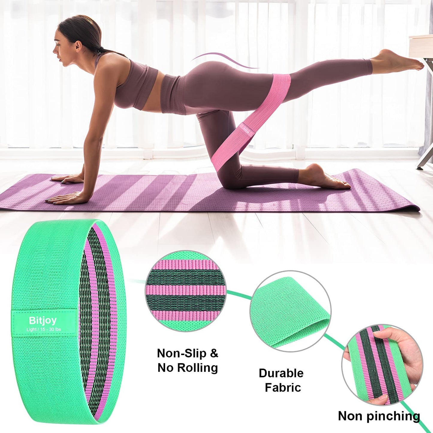 Bitjoy Resistance Bands Set for Women and Men, Upgraded Non Slip Booty Exercise Bands for Butt and Legs, Elastic Fabric Workout Bands for Home & Gym Fitness Training and Stretching