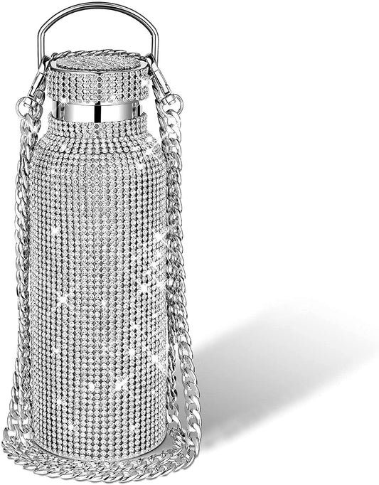 Level Up Diamond Water Bottle Bling Rhinestone Stainless Steel Thermal Bottle Refillable Water Bottle Insulated Water Bottle Glitter Water Bottle with Chain for Women (Silver,500 ml)